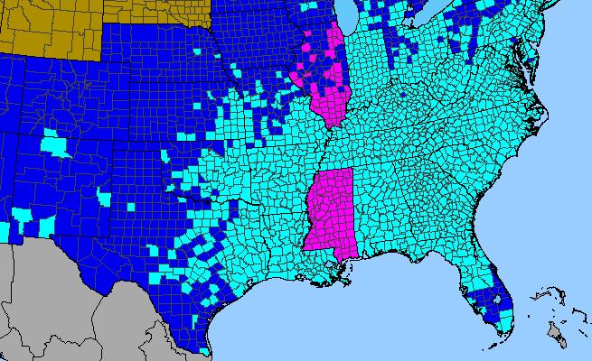 The range of Lonicera japonica