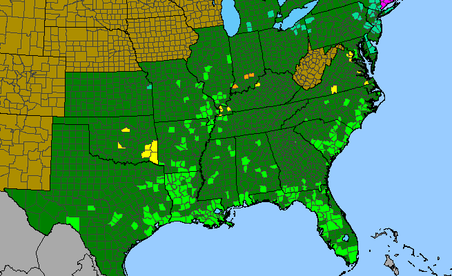 The range of Cabomba caroliniana