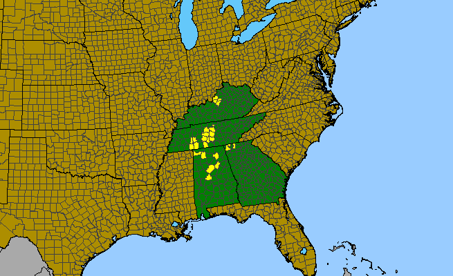 The range of Leavenworthia exigua var. exigua